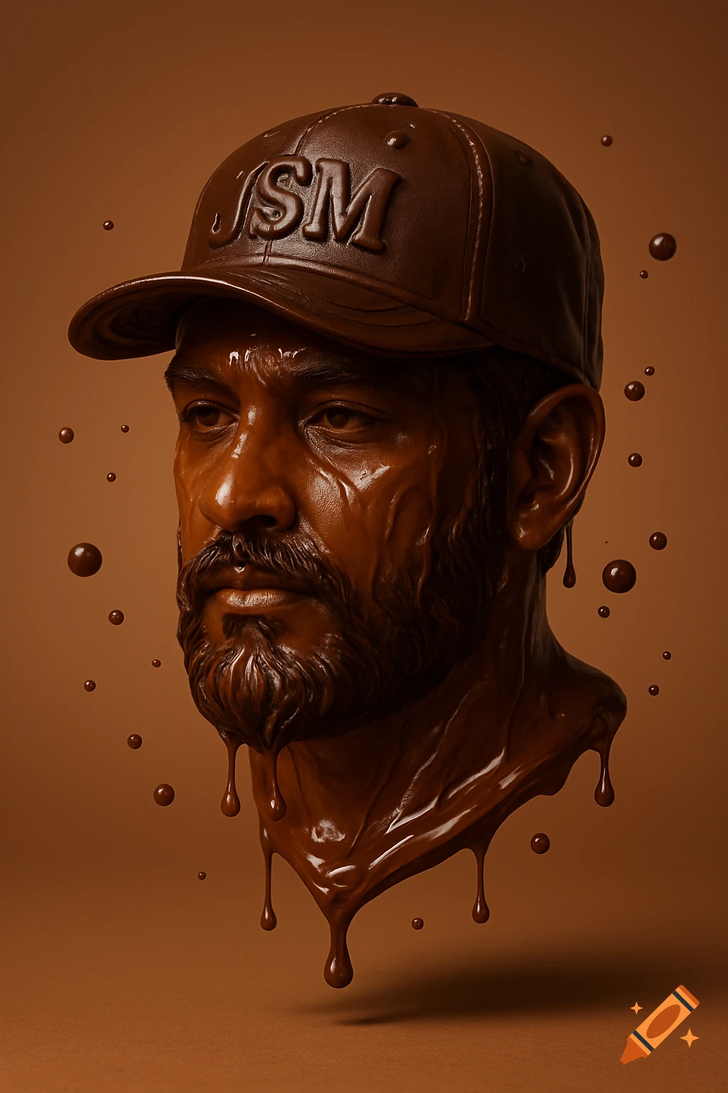 Photorealistic chocolate sculpture of a man's head with a beard and a cap with 'JSM' embossed, chocolate dripping, against a brown background.