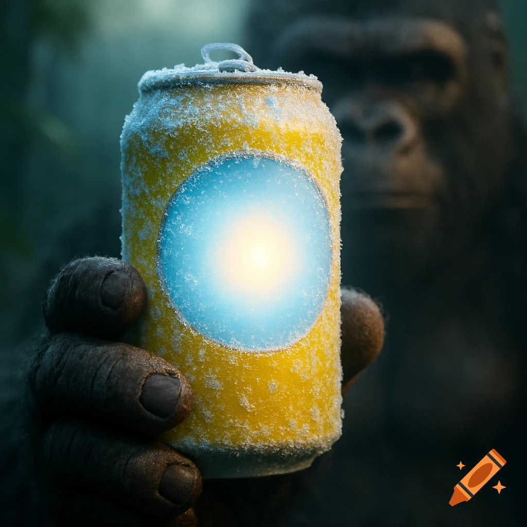Gorilla hand holding a frosted yellow beverage can with a glowing blue label. A blurred gorilla face is in the misty background, photorealistic style.