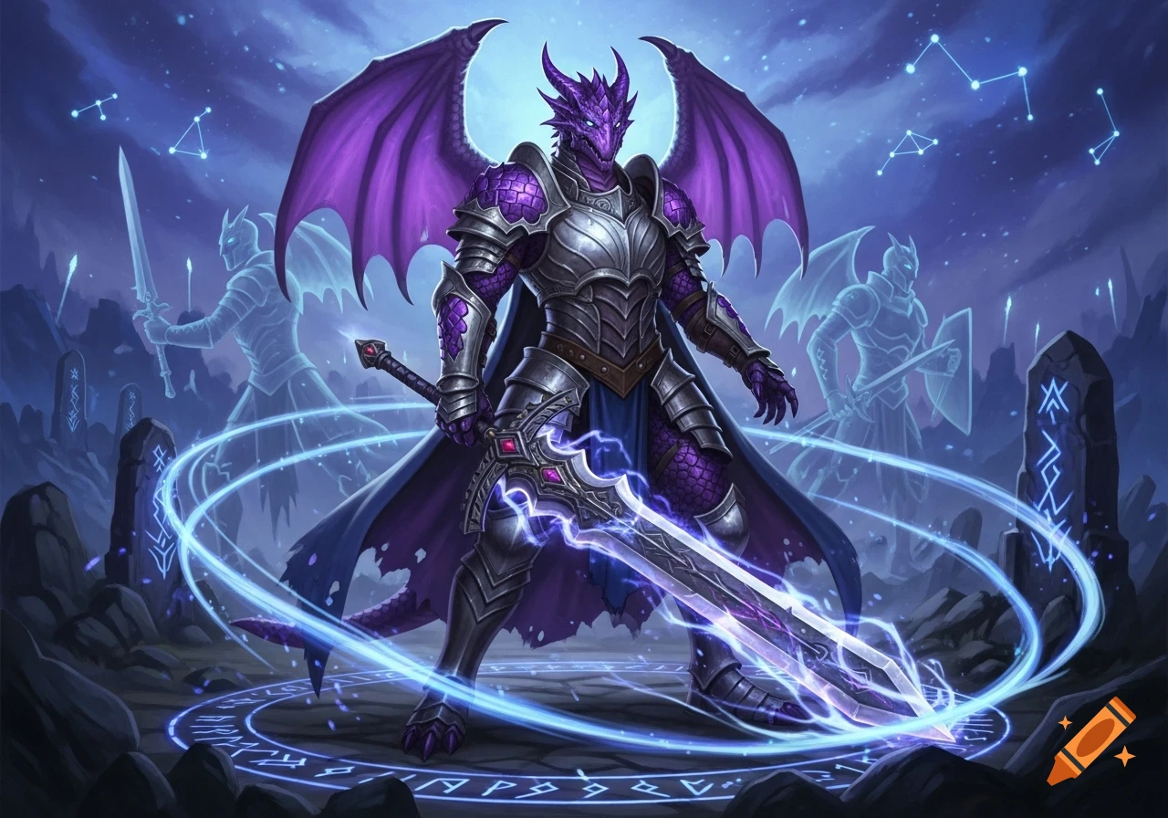 A majestic amethyst dragonborn knight in silver armor, with large purple wings, holding a glowing magical sword. Spectral warrior figures and runic standing stones surround them under a starry, mystical purple sky.