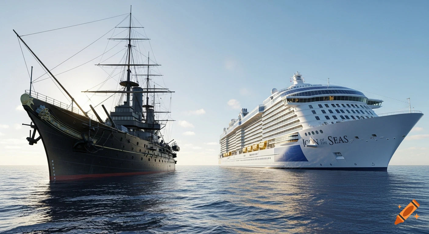 Photorealistic image of a black historic battleship and a white modern cruise ship, 'Icon of the Seas,' side by side on the ocean.