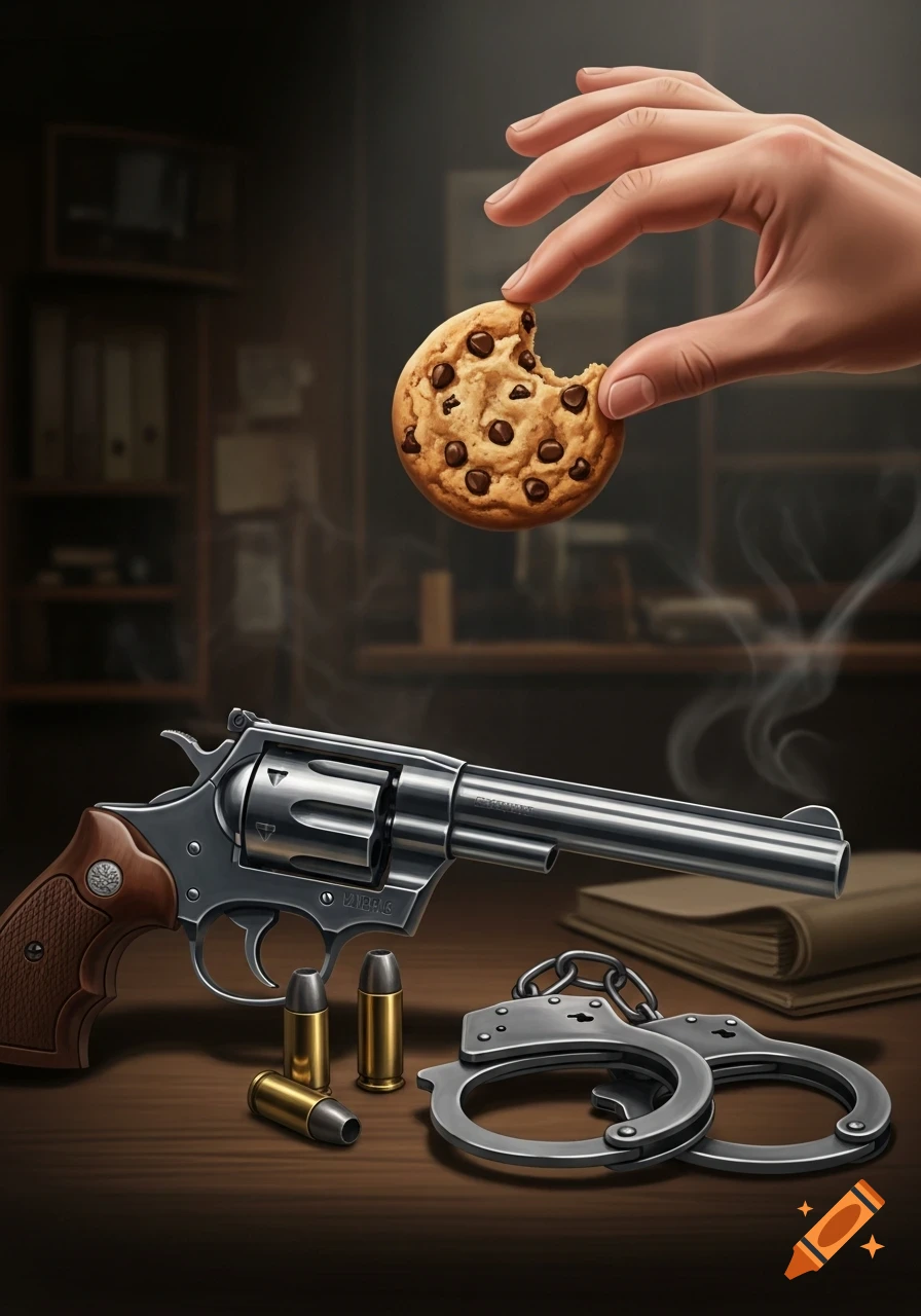 A hand holds a bitten chocolate chip cookie above a table with a revolver, bullets, and handcuffs in a darkly lit room, in a detailed illustrative style.