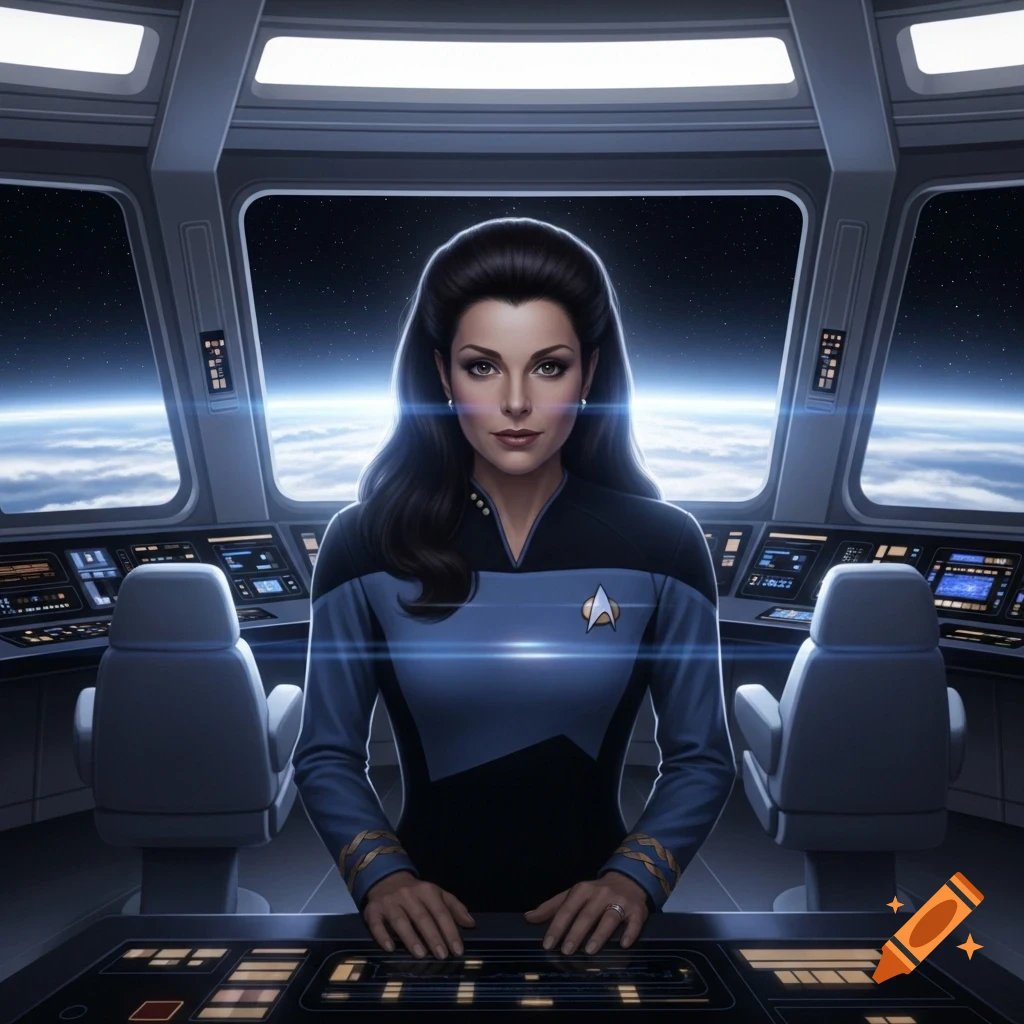 A woman in a Starfleet uniform sits at the controls of a spaceship bridge, with Earth and space visible through the windows.