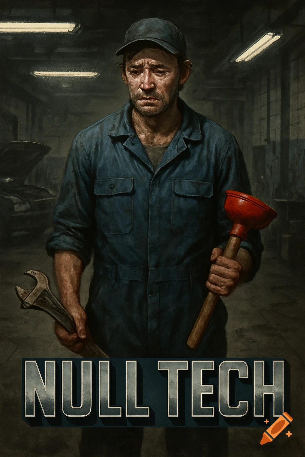 A crying mechanic in blue coveralls stands in a dark garage, holding a wrench and a red plunger. The words "NULL TECH" are at the bottom.