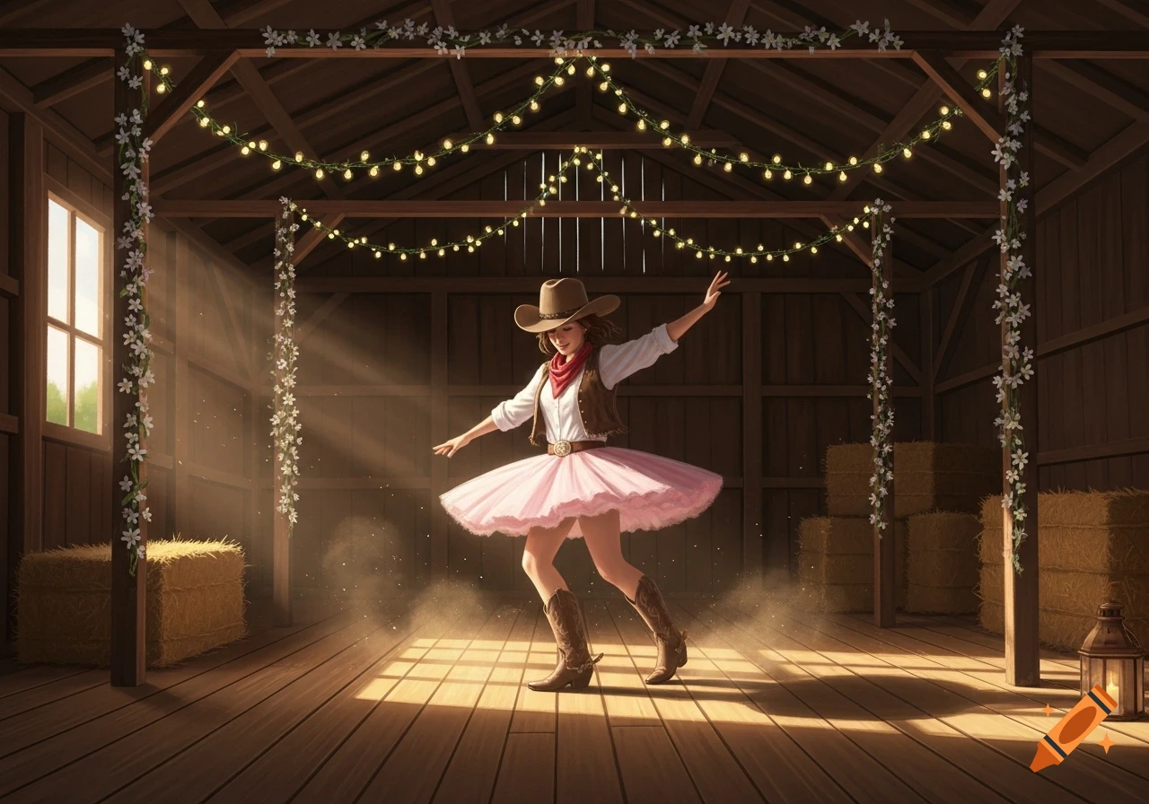 A woman in a cowboy hat, vest, pink tutu, and boots dances in a decorated rustic barn with sunbeams.