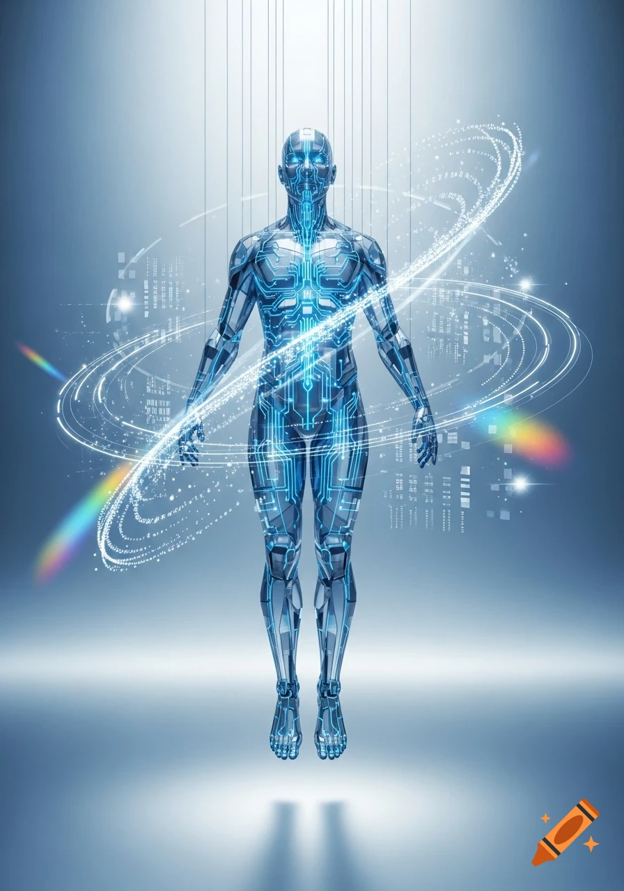 A futuristic humanoid figure composed of glowing blue circuit boards, surrounded by swirling data streams on a light blue background.