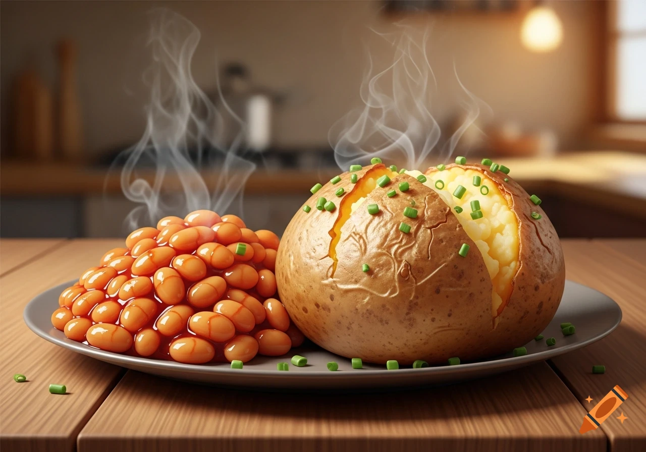 A steaming jacket potato topped with chives next to a pile of baked beans on a plate on a wooden table.