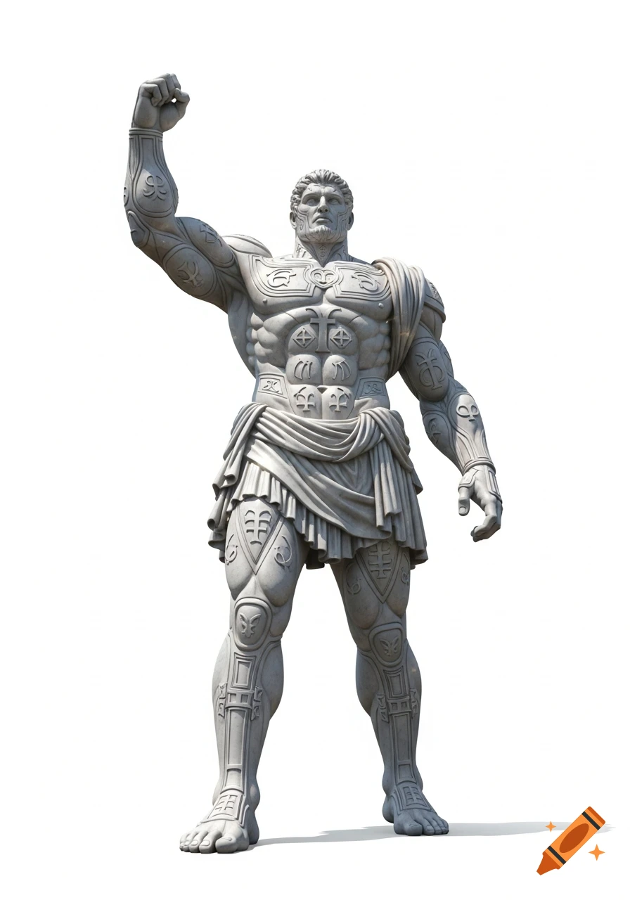 Muscular grey marble statue of a man in a toga, with one arm raised, against a white background.