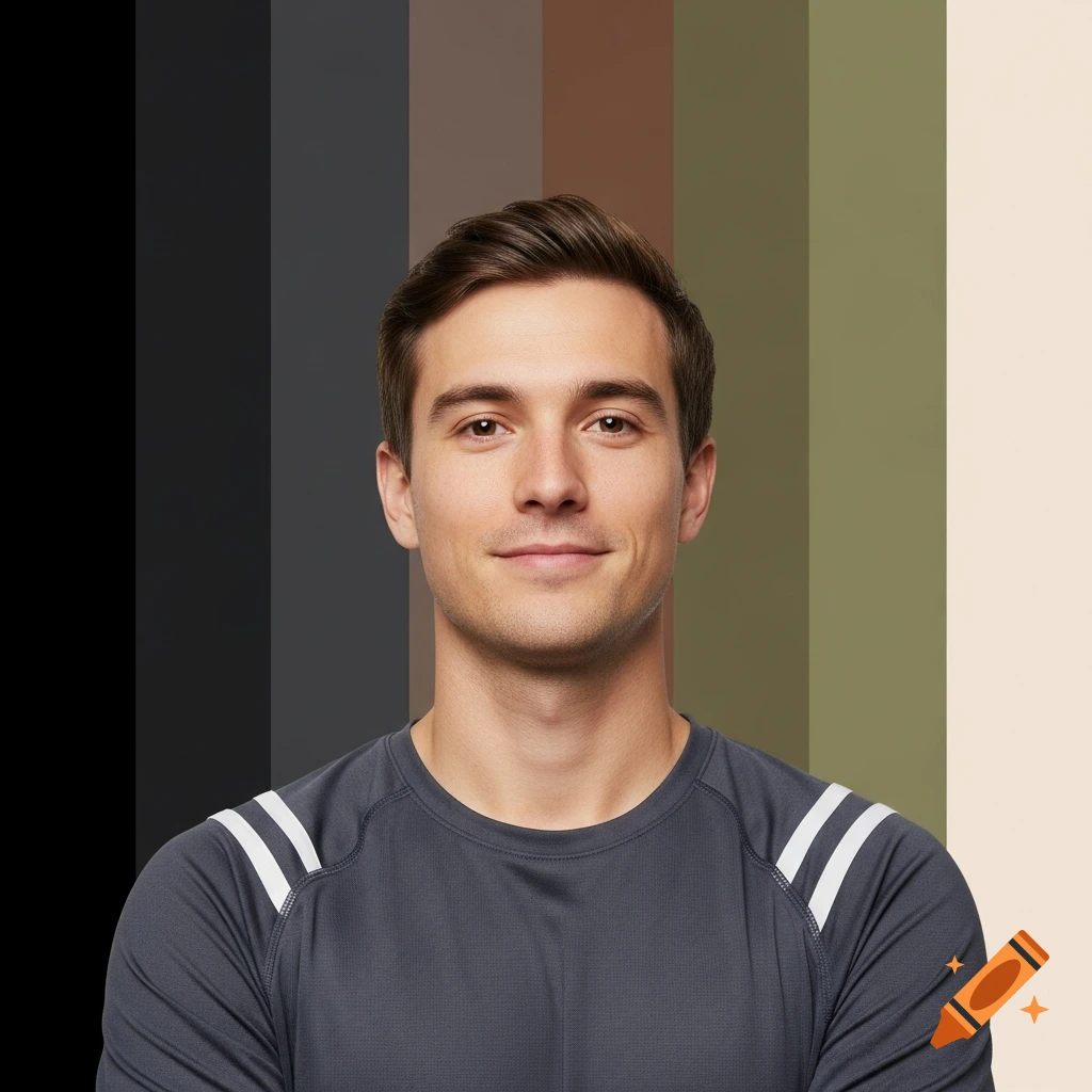 A smiling young man in a gray athletic shirt with white stripes, set against a background of vertical colored stripes.
