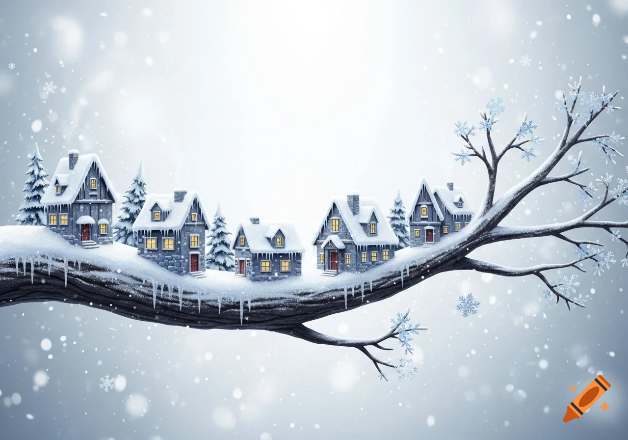 Winter scene with snow-covered houses and fir trees on a large branch ...