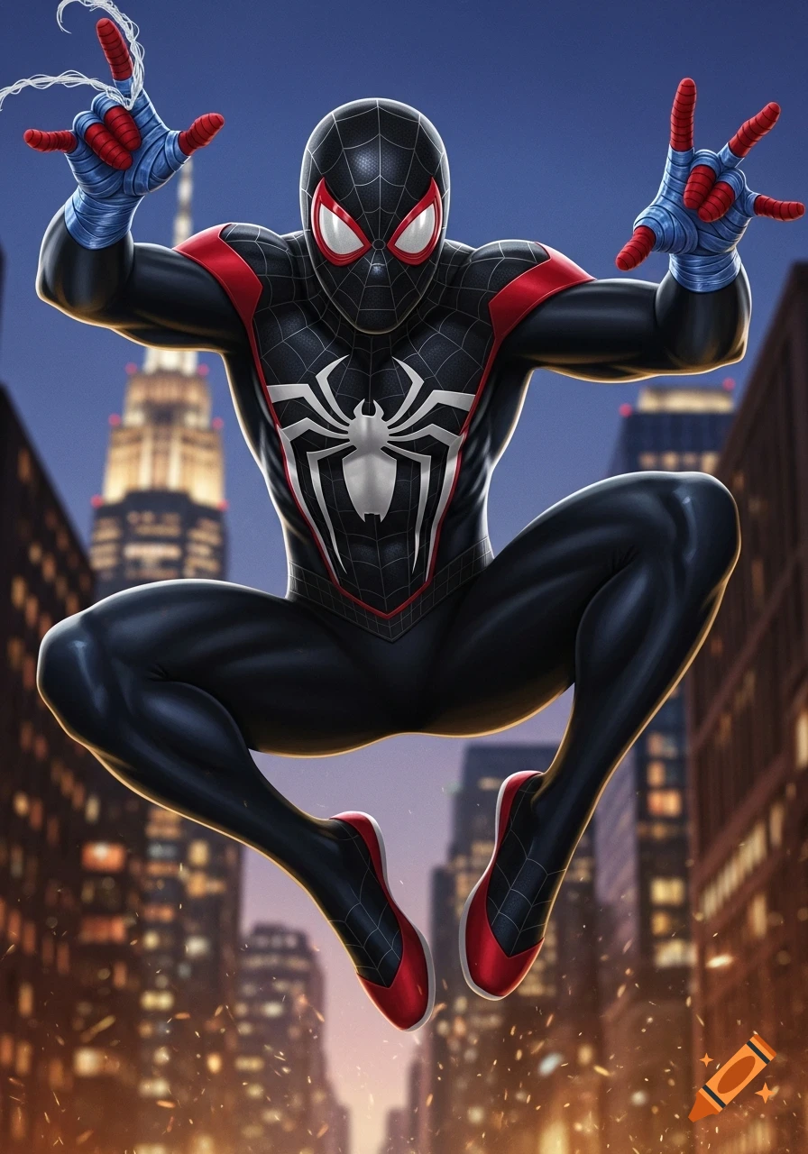 Miles Morales Spider-Man in his black and red suit, leaping against a city skyline at dusk.