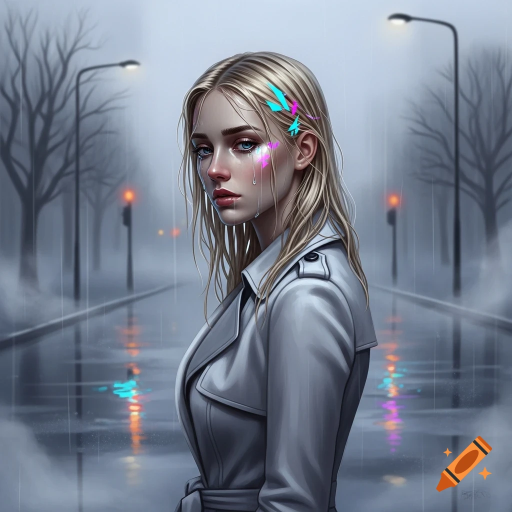 A blonde woman in a trench coat cries in the rain on a street at night, with neon reflections.