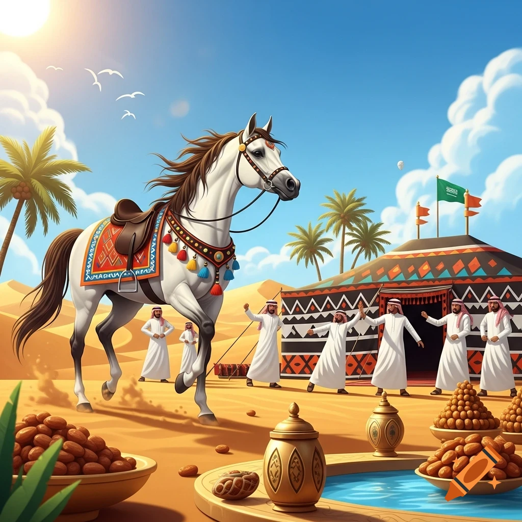 Vibrant illustration of a white Arabian horse in a desert with men in traditional thobes, a patterned tent, palm trees, and bowls of dates.