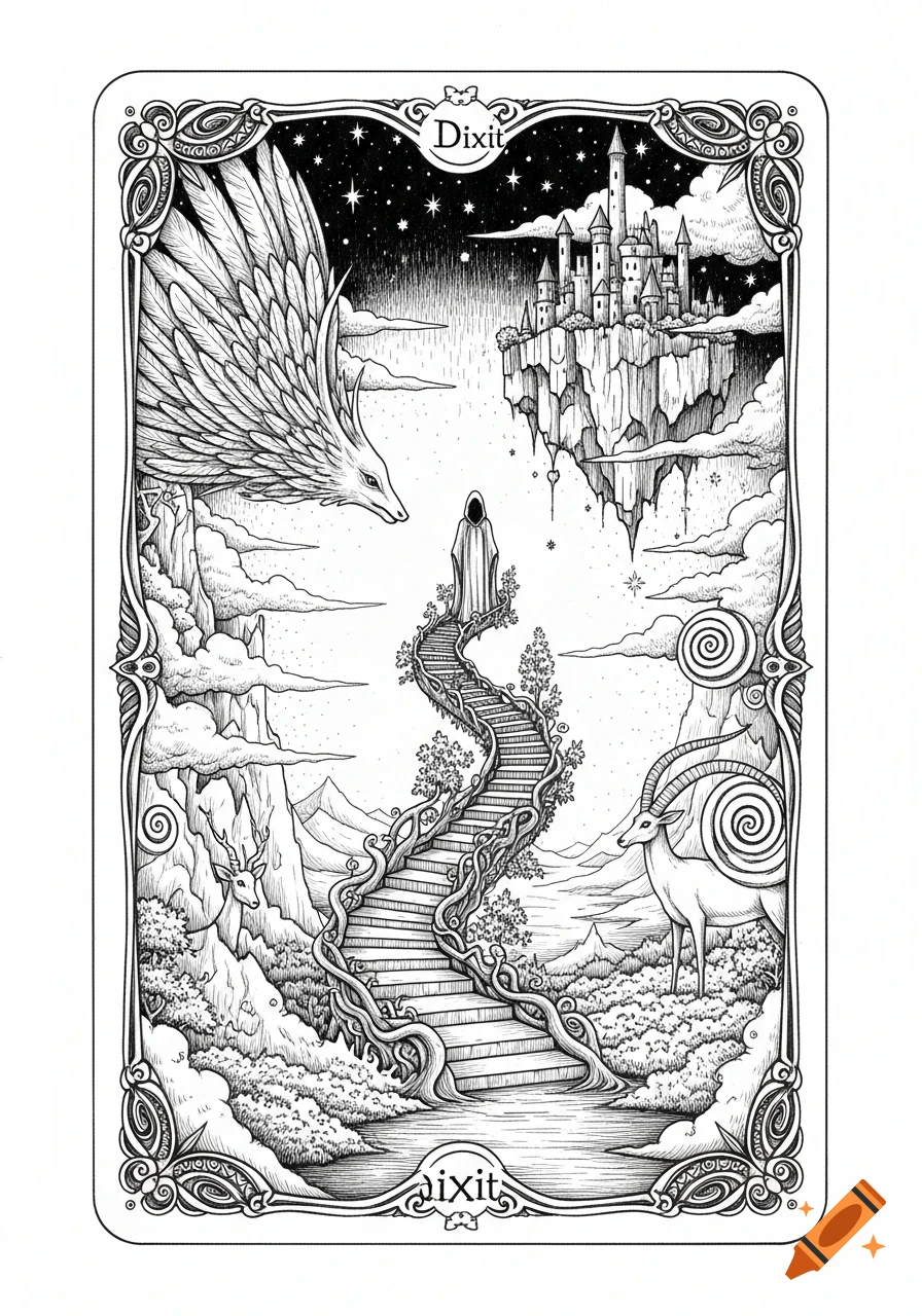 Black and white fantasy illustration of a hooded figure on a winding staircase to a floating castle, flanked by mythical creatures, in an ornate border with 'Dixit'.
