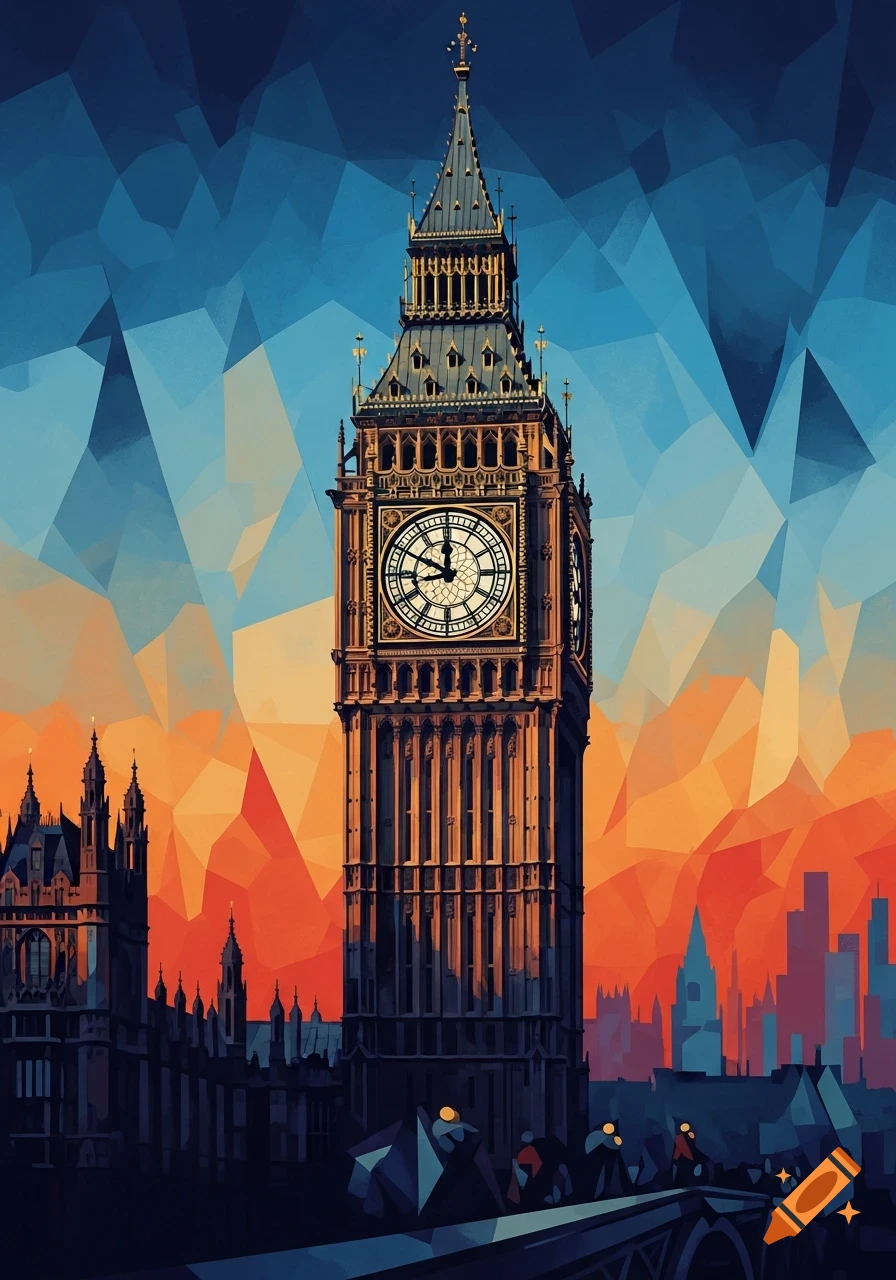 Cubist illustration of Big Ben towering over London, with a sky of geometric blue and orange shapes and a stylized cityscape.