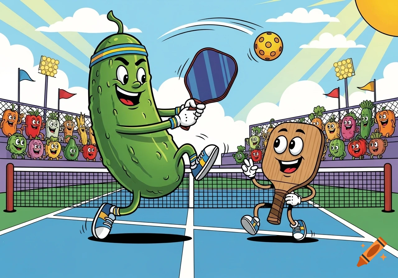 A humorous cartoon of a pickle character playing pickleball against a paddle character, with an audience of cheerful cartoon vegetables.