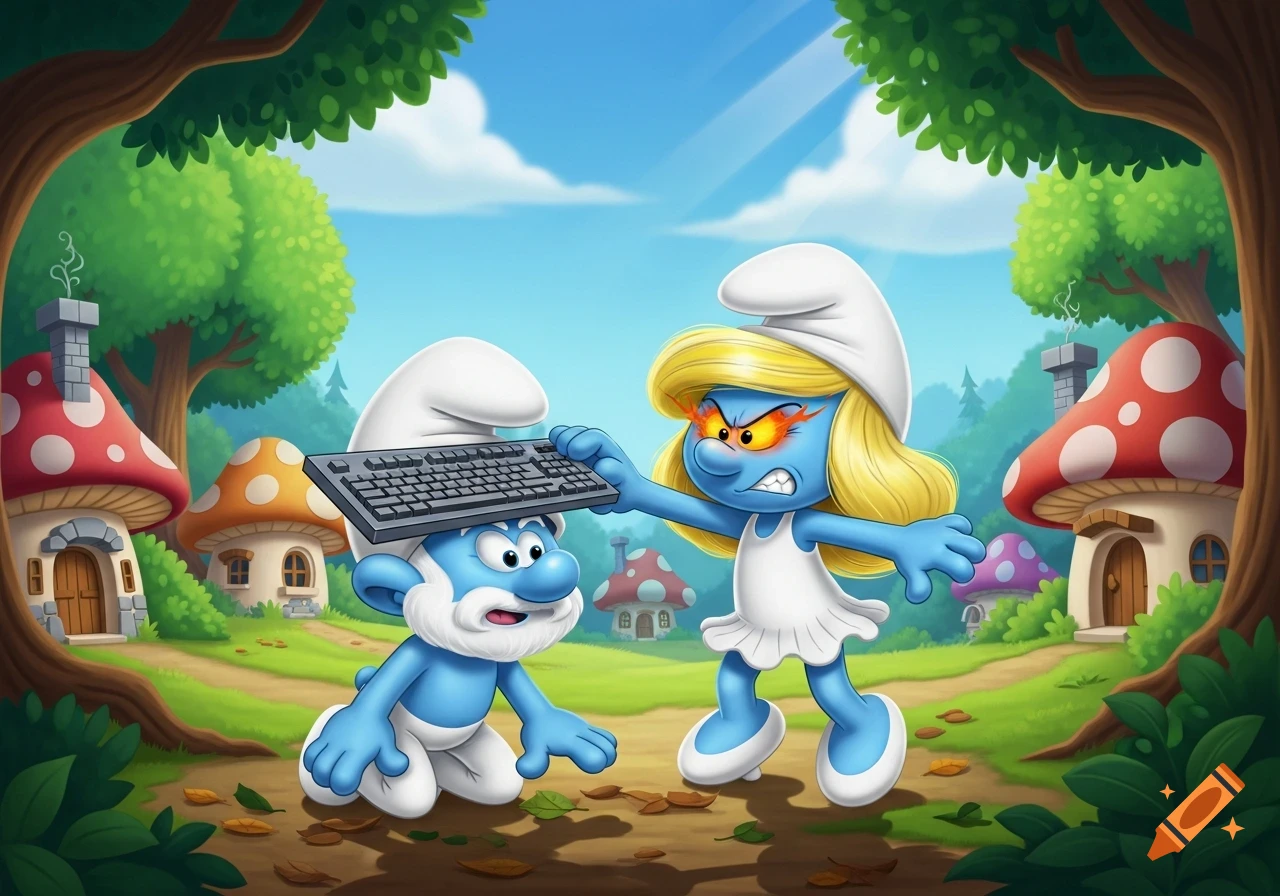 Aggressive Smurfette hits Papa Smurf with a keyboard in a colorful cartoon Smurf village forest.