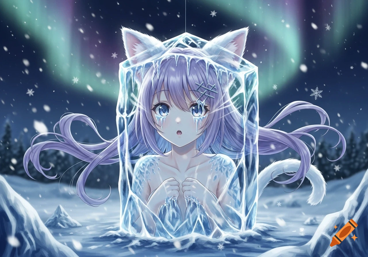 An anime catgirl with purple hair and cat ears frozen within a block of ice, set against a snowy landscape with aurora borealis.