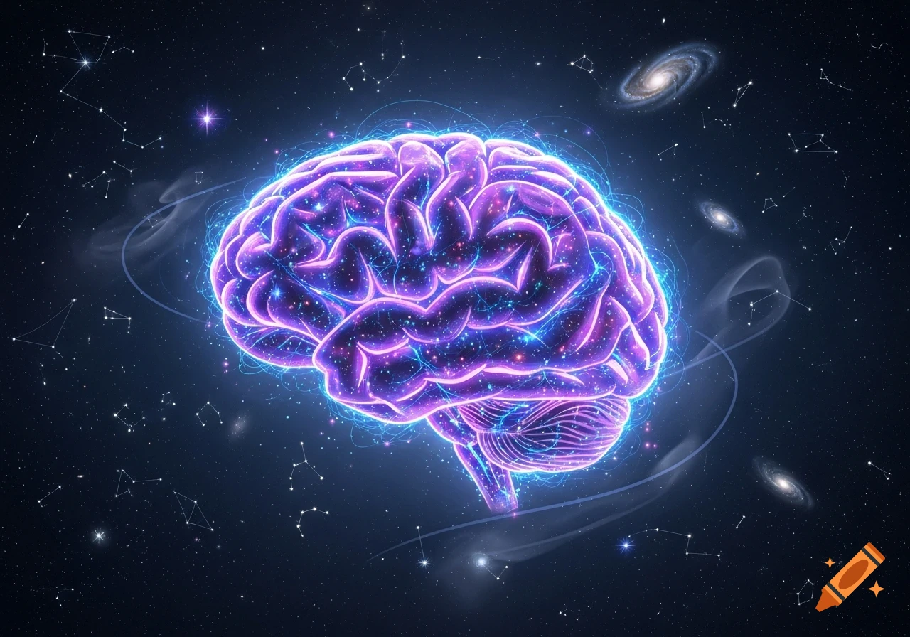 A glowing purple and blue brain floats in a dark outer space filled with stars and spiral galaxies.