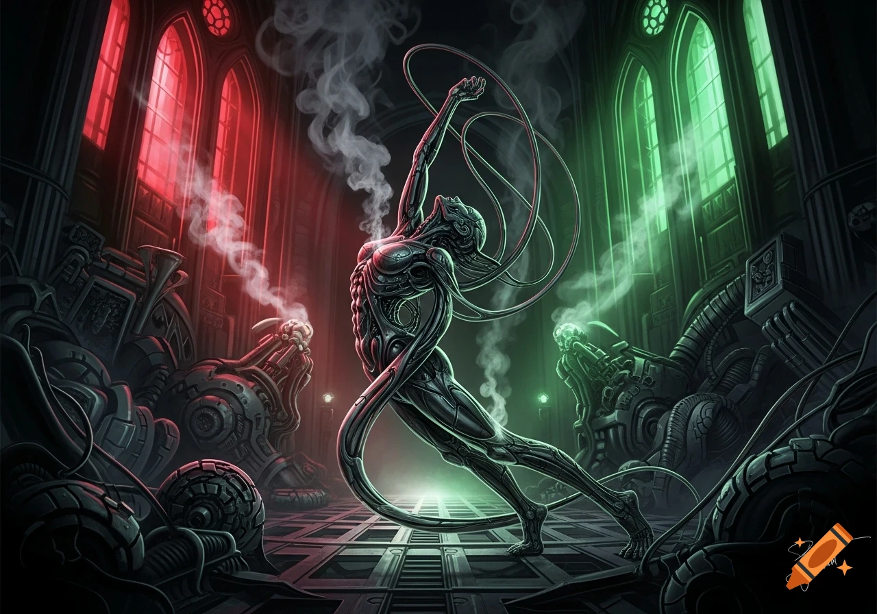 A biomechanical figure with wires, posing in a dark, gothic industrial hall lit by red and green windows, surrounded by smoking machinery.