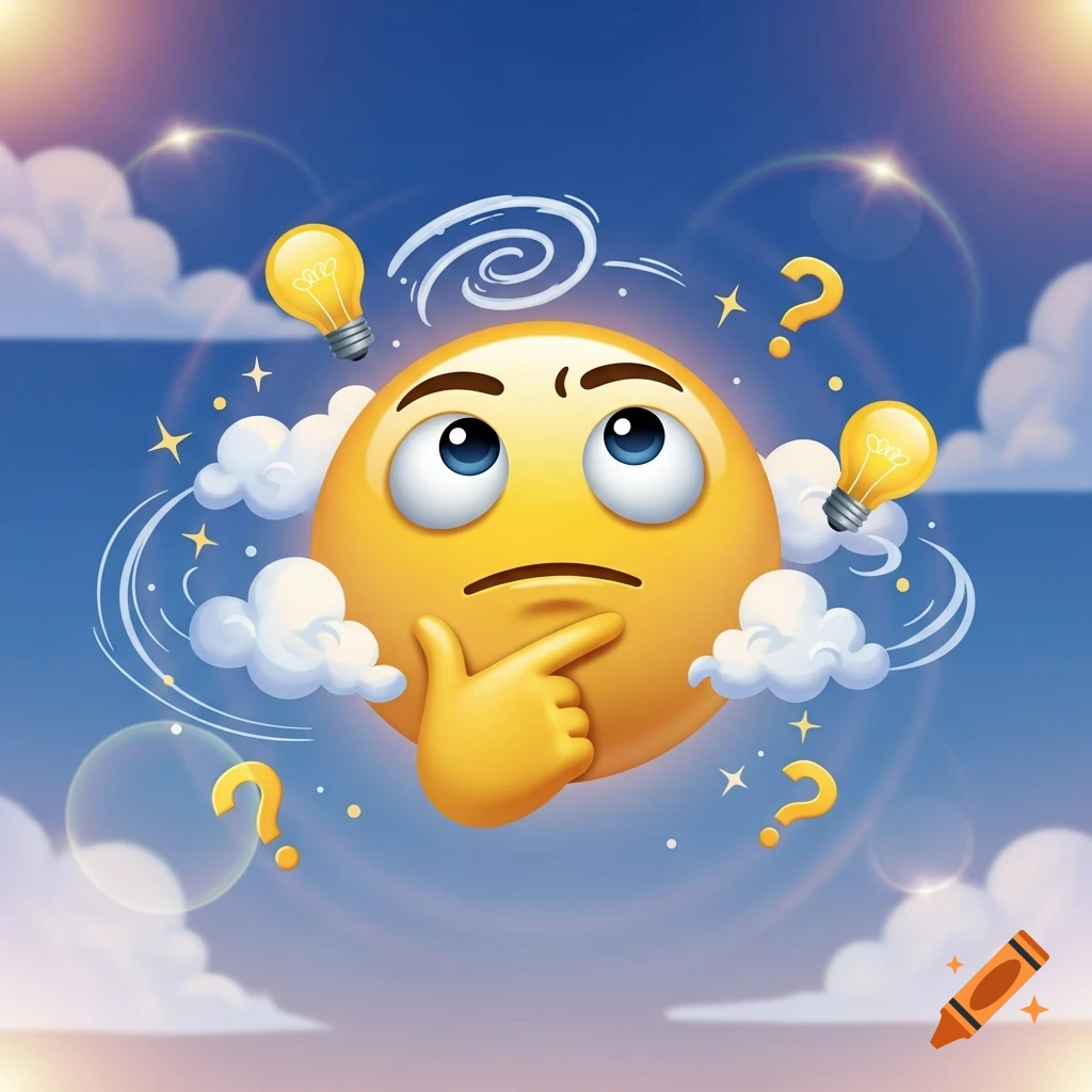 A yellow thinking emoji floats in a blue sky with clouds, surrounded by light bulbs, question marks, and sparkles.