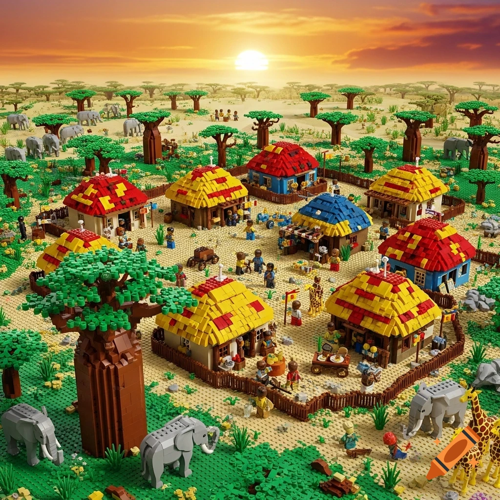 A vibrant Lego diorama depicting an African village at sunset, with thatched-roof huts, minifigures, baobab trees, elephants, and giraffes.