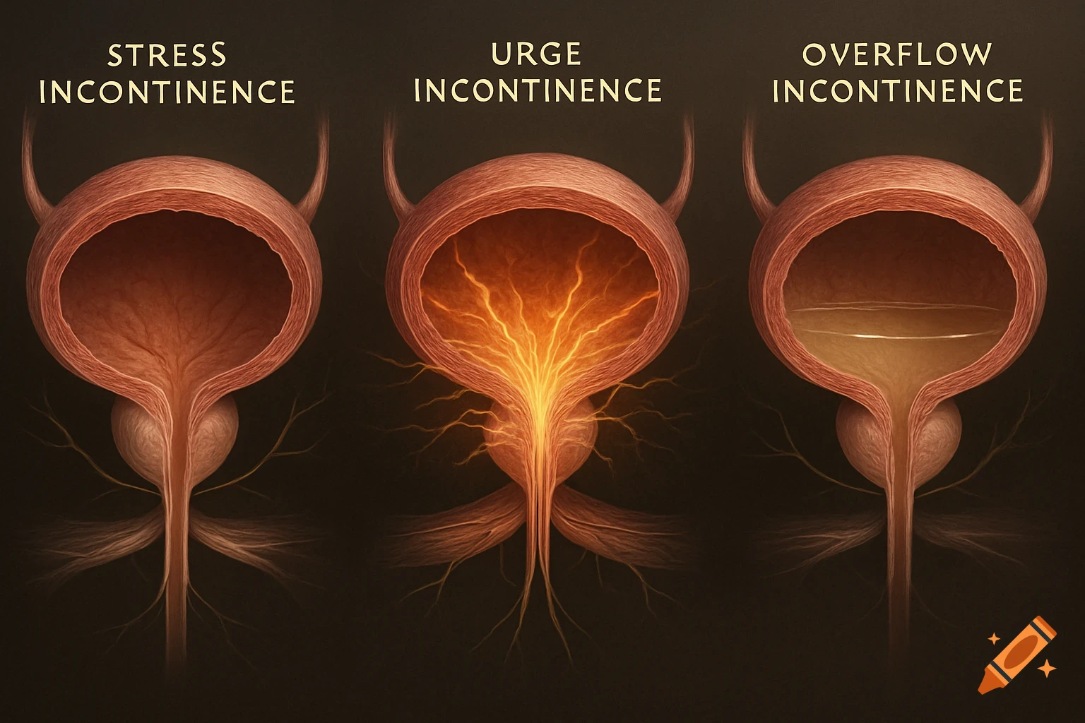 Medical illustration of three types of urinary incontinence: stress, urge, and overflow, showing bladder conditions.