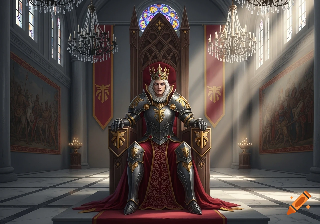Regal queen in ornate gold and silver armor and a red gown sits on an elaborately carved wooden throne in a grand hall.