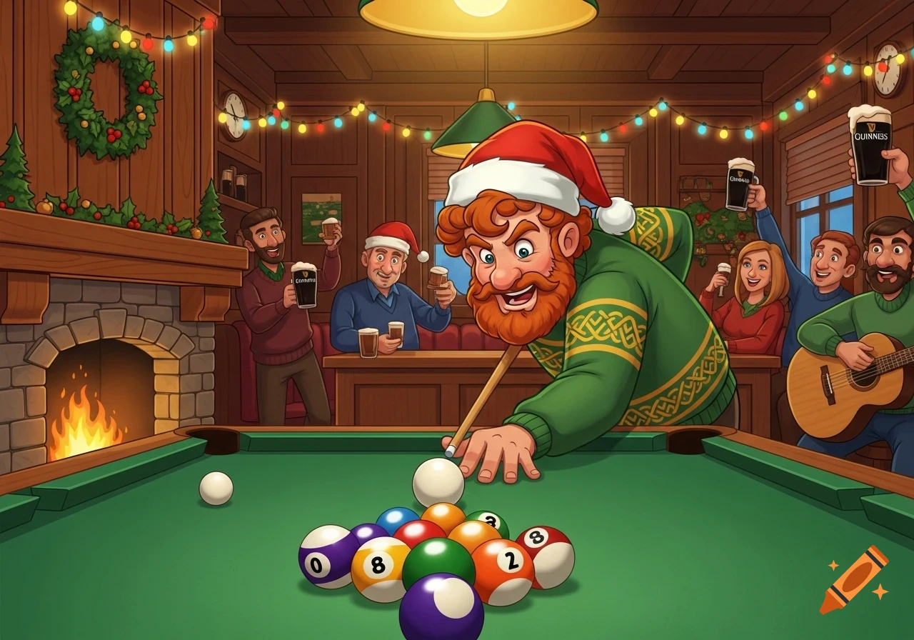 A cartoon Irish man with a red beard and Santa hat plays billiards in a festive pub with Christmas decorations, while other people drink beer and play guitar in the background.