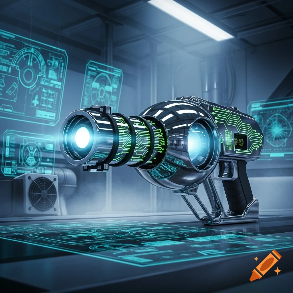 A chrome and black futuristic gun with glowing blue and green elements rests on a lab table, surrounded by holographic circuit displays.
