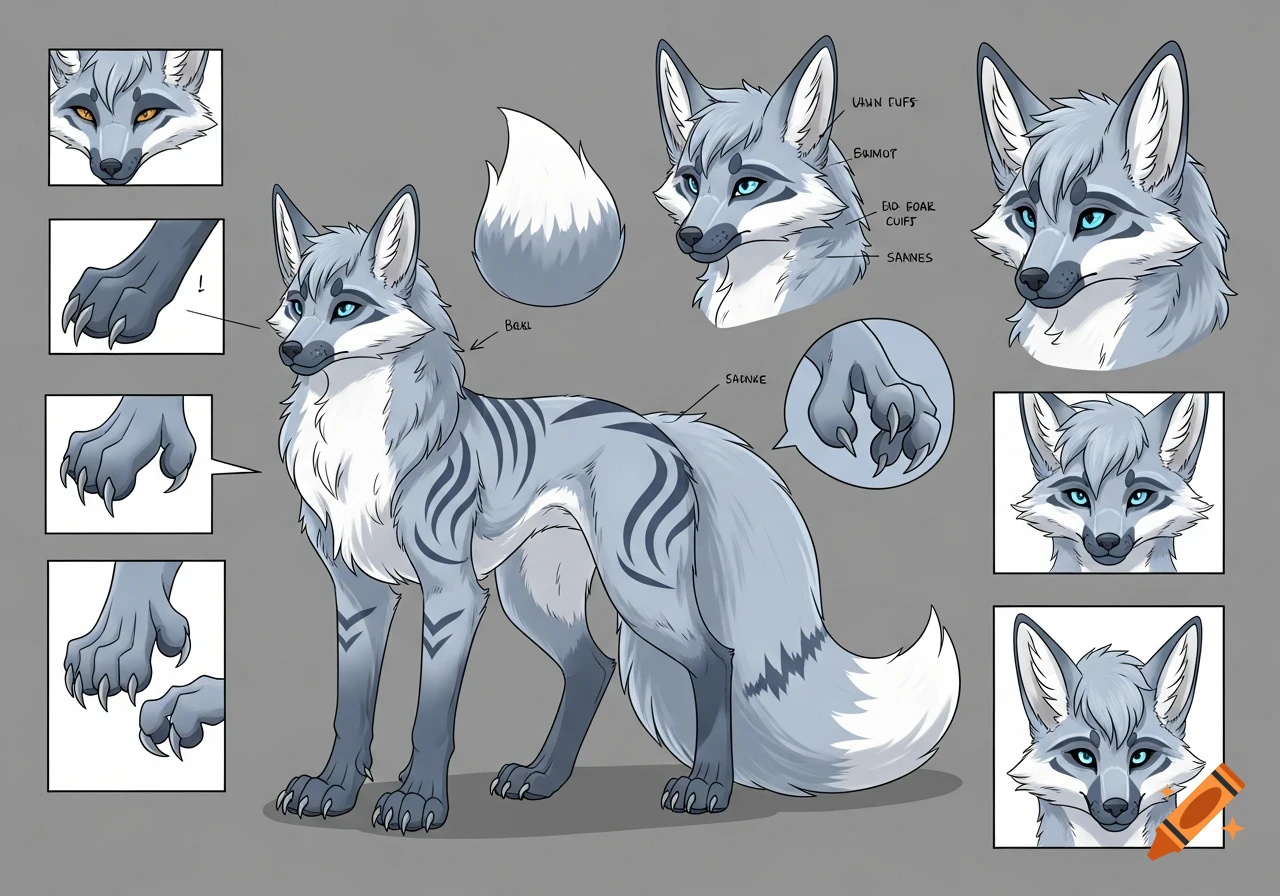 A grey and white anthro fox character reference sheet with various close-ups of its face and paws on a grey background.
