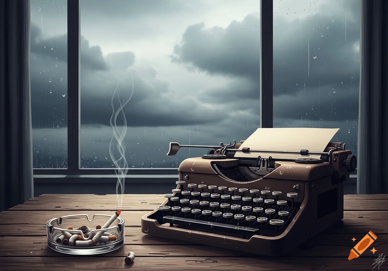 Vintage typewriter and a smoky ashtray on a wooden desk, beside a rain-streaked window looking out at a cloudy sky.
