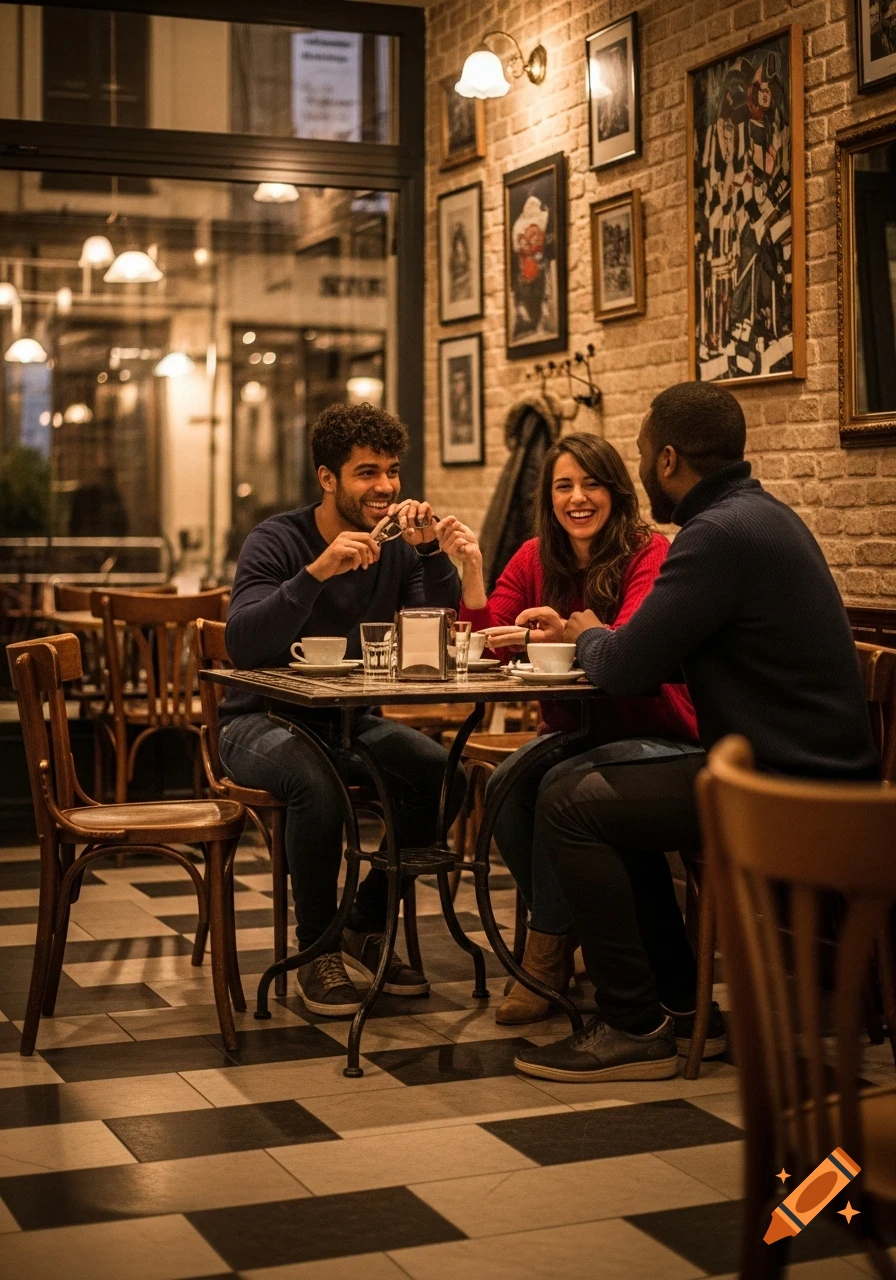 Three diverse friends laughing and talking at a table in a cozy cafe with brick walls and warm lighting, photorealistic.