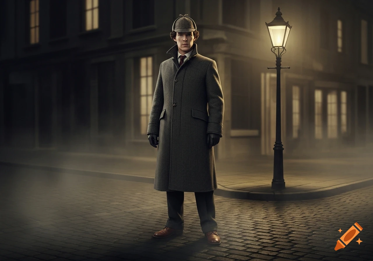 Photorealistic image of a man resembling Sherlock Holmes in a coat and deerstalker hat on a foggy street.