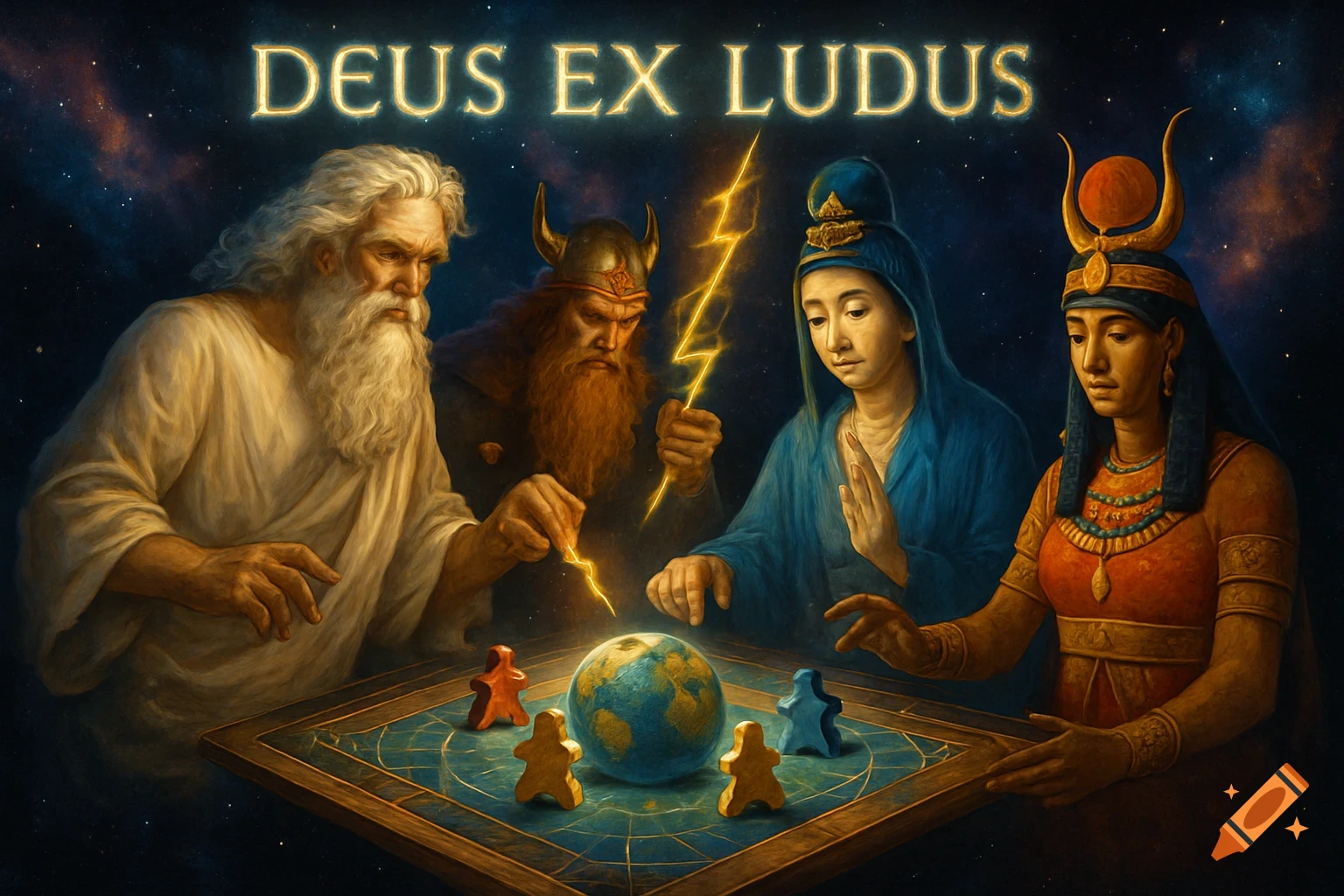 Mythological figures, including a Zeus-like god and an Egyptian goddess, play a board game with meeples around a globe under the glowing text "DEUS EX LUDUS".