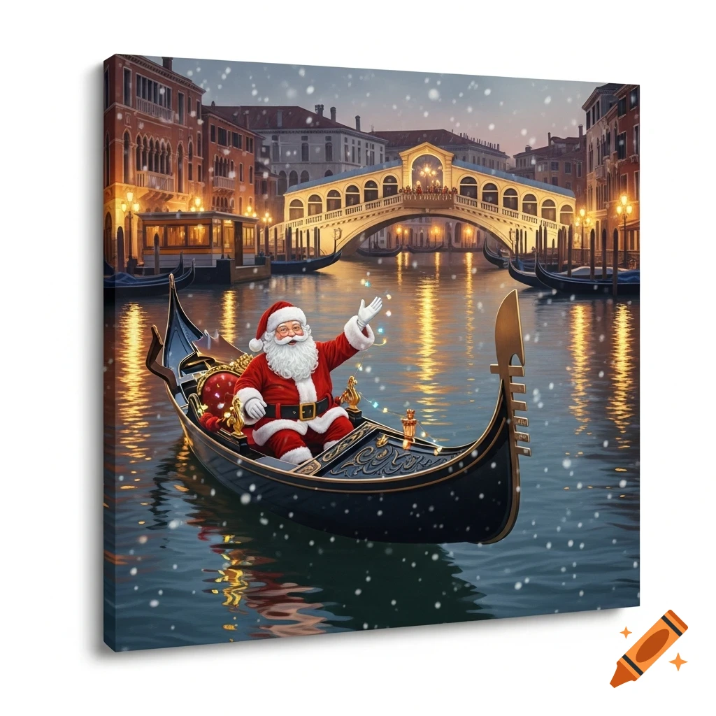 Santa Claus waves from a gondola on a snowy Venetian canal at dusk, with the illuminated Rialto Bridge in the background.
