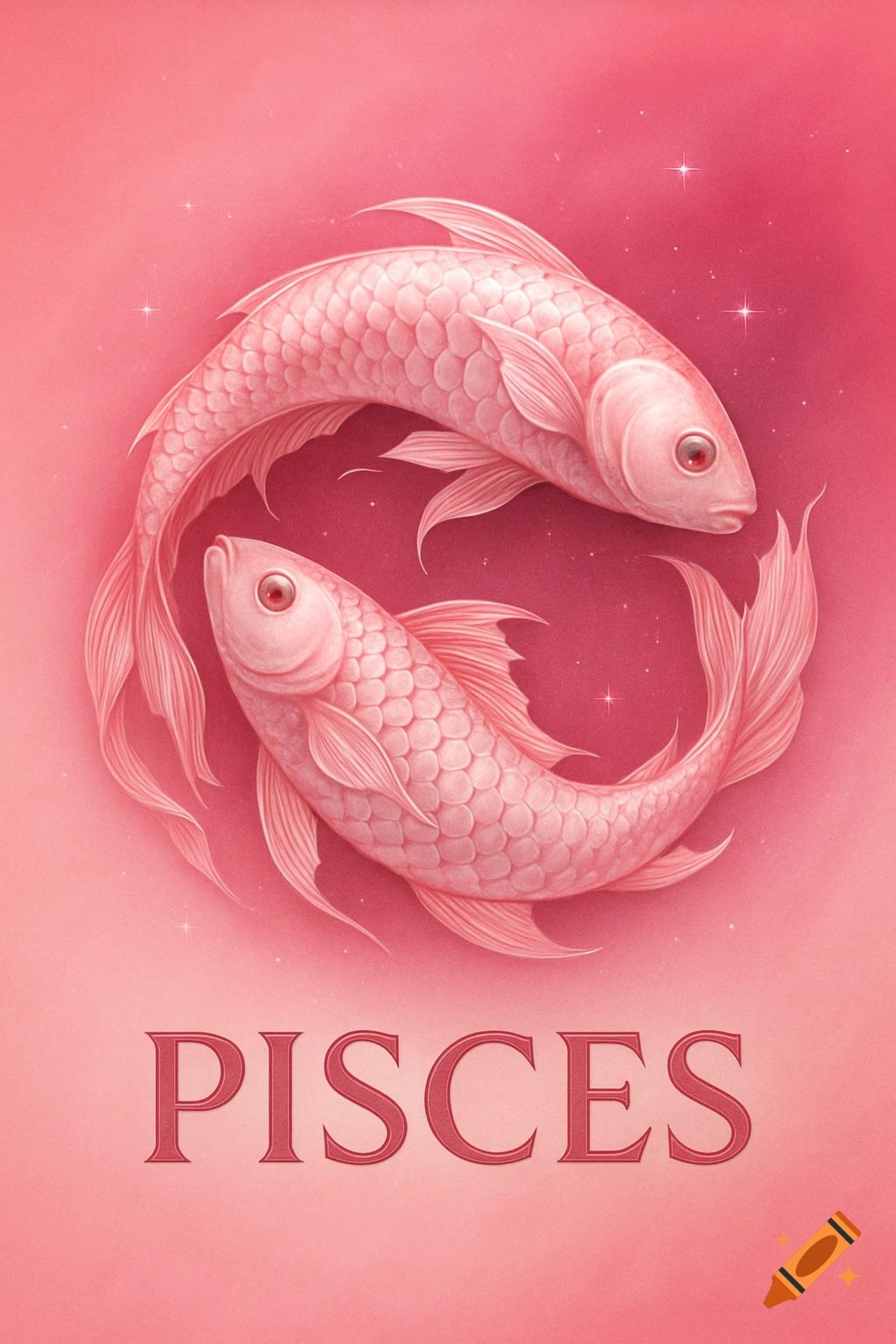 Two stylized pink fish forming a circular symbol on a starry pink background, with the word PISCES below them.