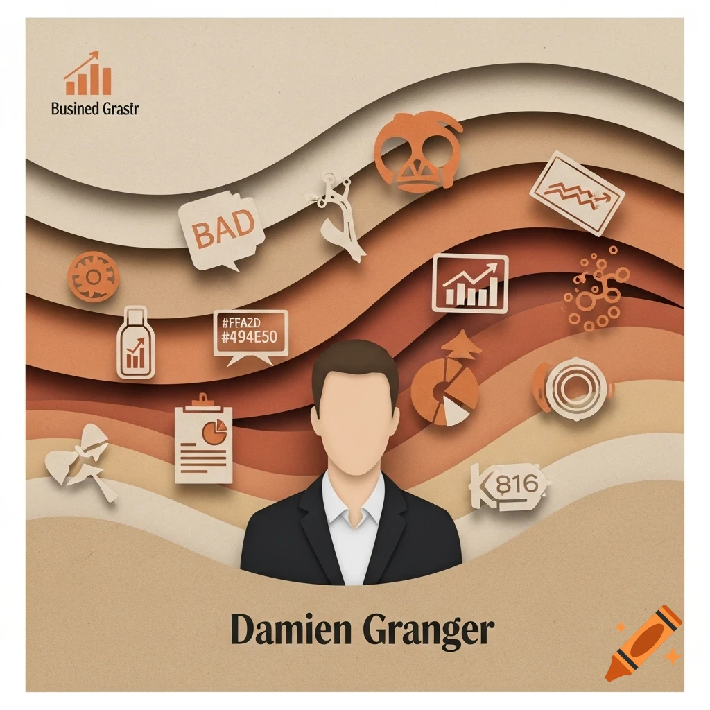 A paper-cut style image of a man in a suit with business icons, charts, and text around him on a wavy background.