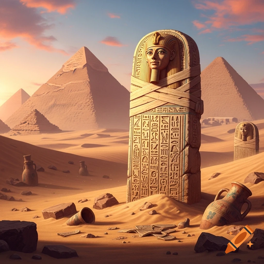 A photorealistic ancient Egyptian desert scene with pyramids, a large stone tomb with carvings, and scattered pottery.