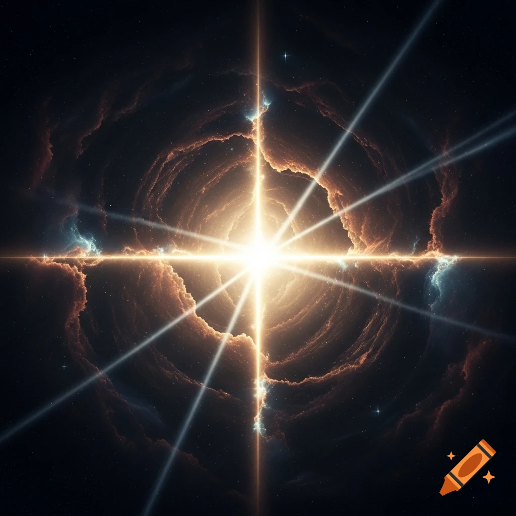 A brilliant star-like light with many rays shines from the center, surrounded by swirling red and blue nebulae in deep space.