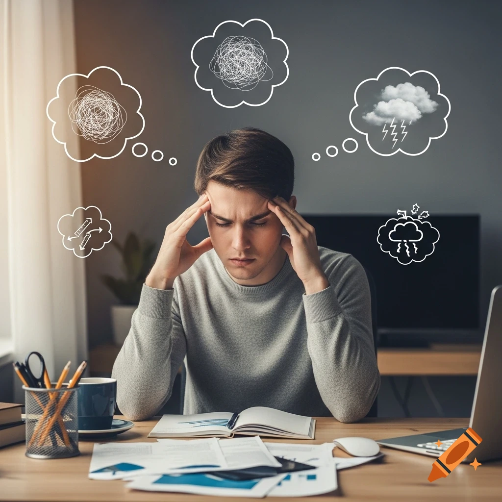 A photorealistic image of a young man rubbing his temples at a desk, looking stressed with thought bubbles showing scribbles and a stormy cloud.