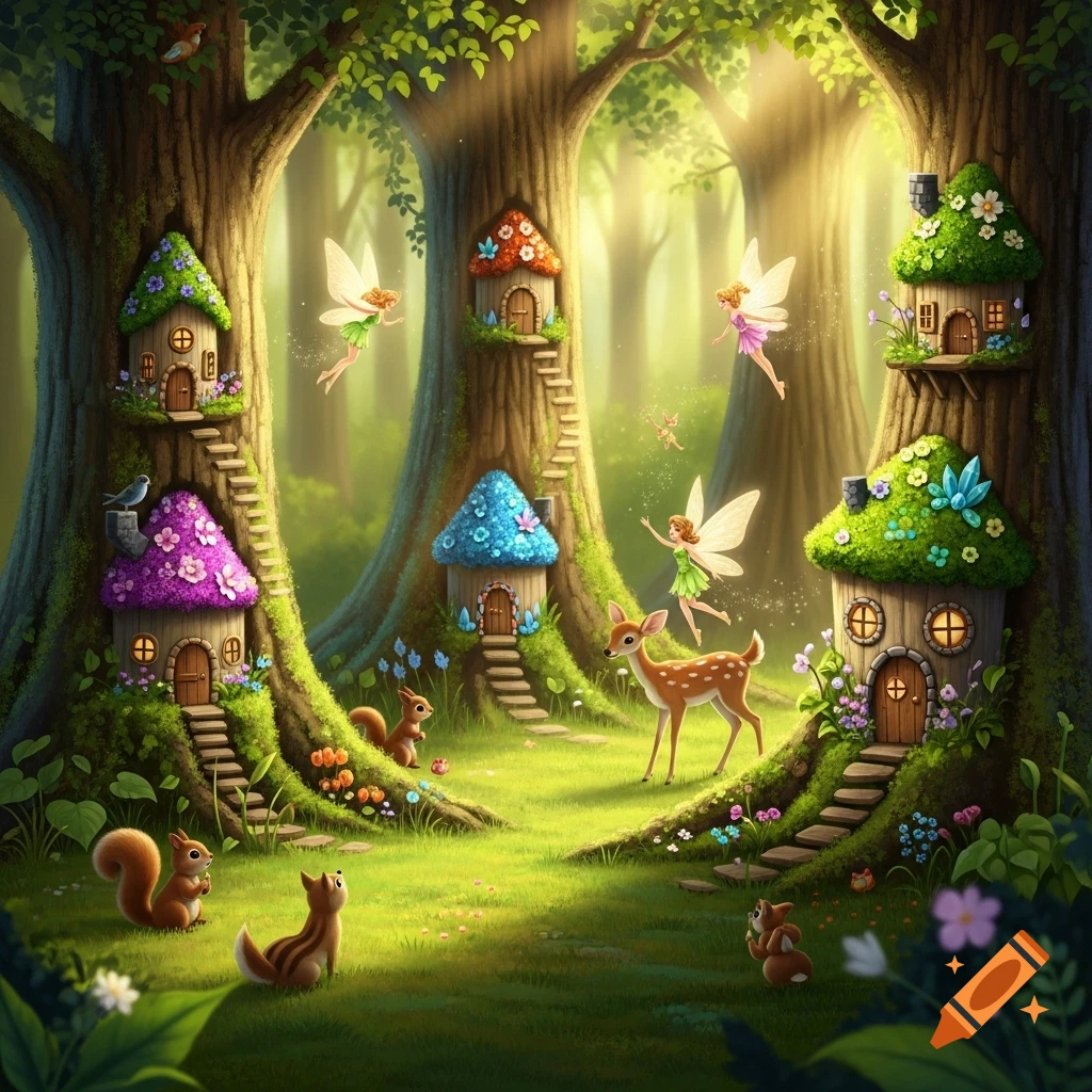 Whimsical forest scene with fairies flying, deer, squirrels, and colorful mushroom-roofed houses built into large trees.