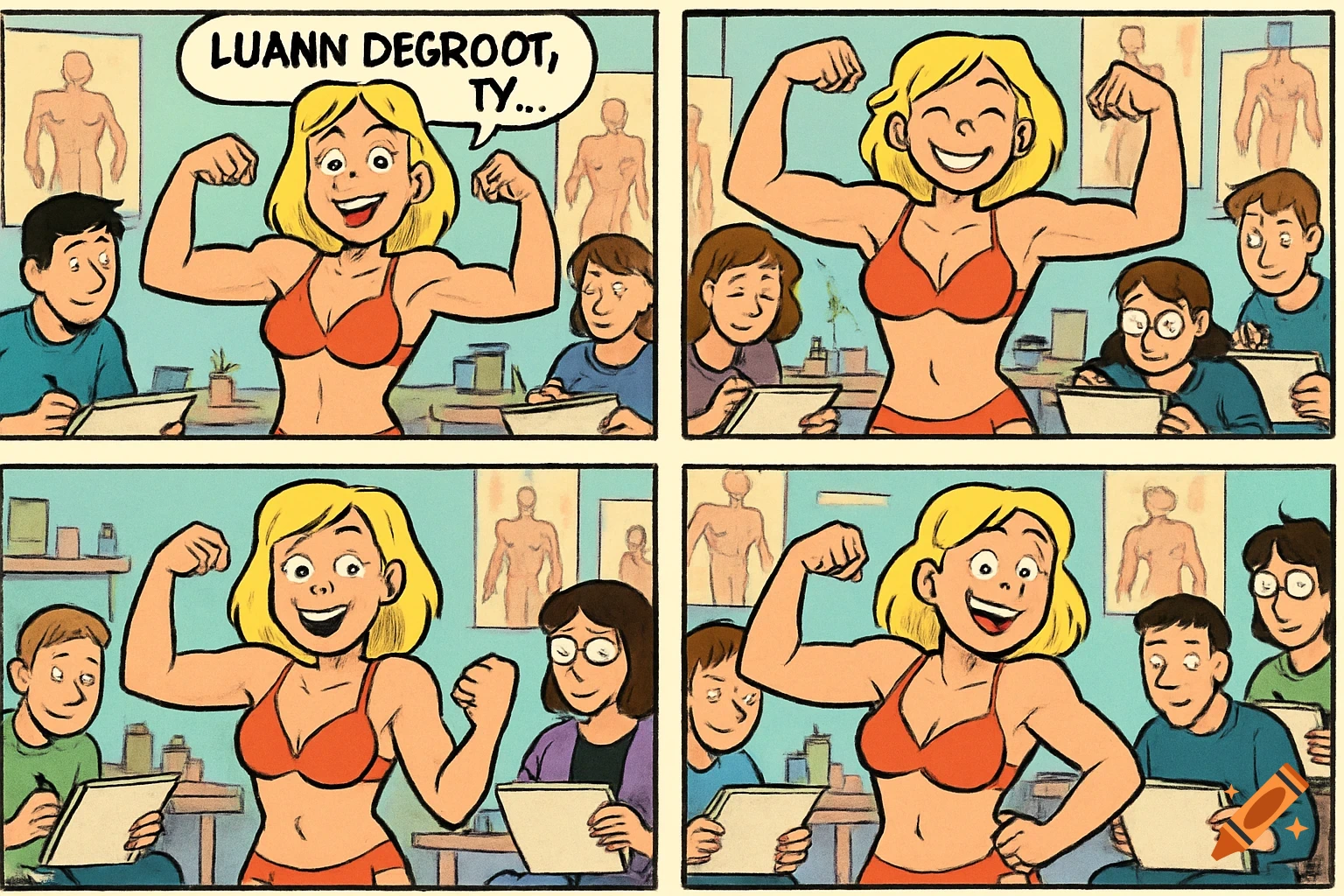 A cartoon comic strip shows a blonde woman in a bikini flexing her muscles as students draw her in an art class.