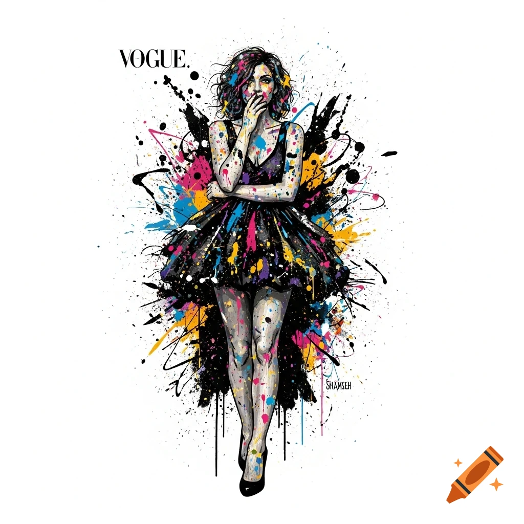 An expressive, colorful illustration of a woman in a black dress, covered in vibrant paint splatters, with "VOGUE." text above her.
