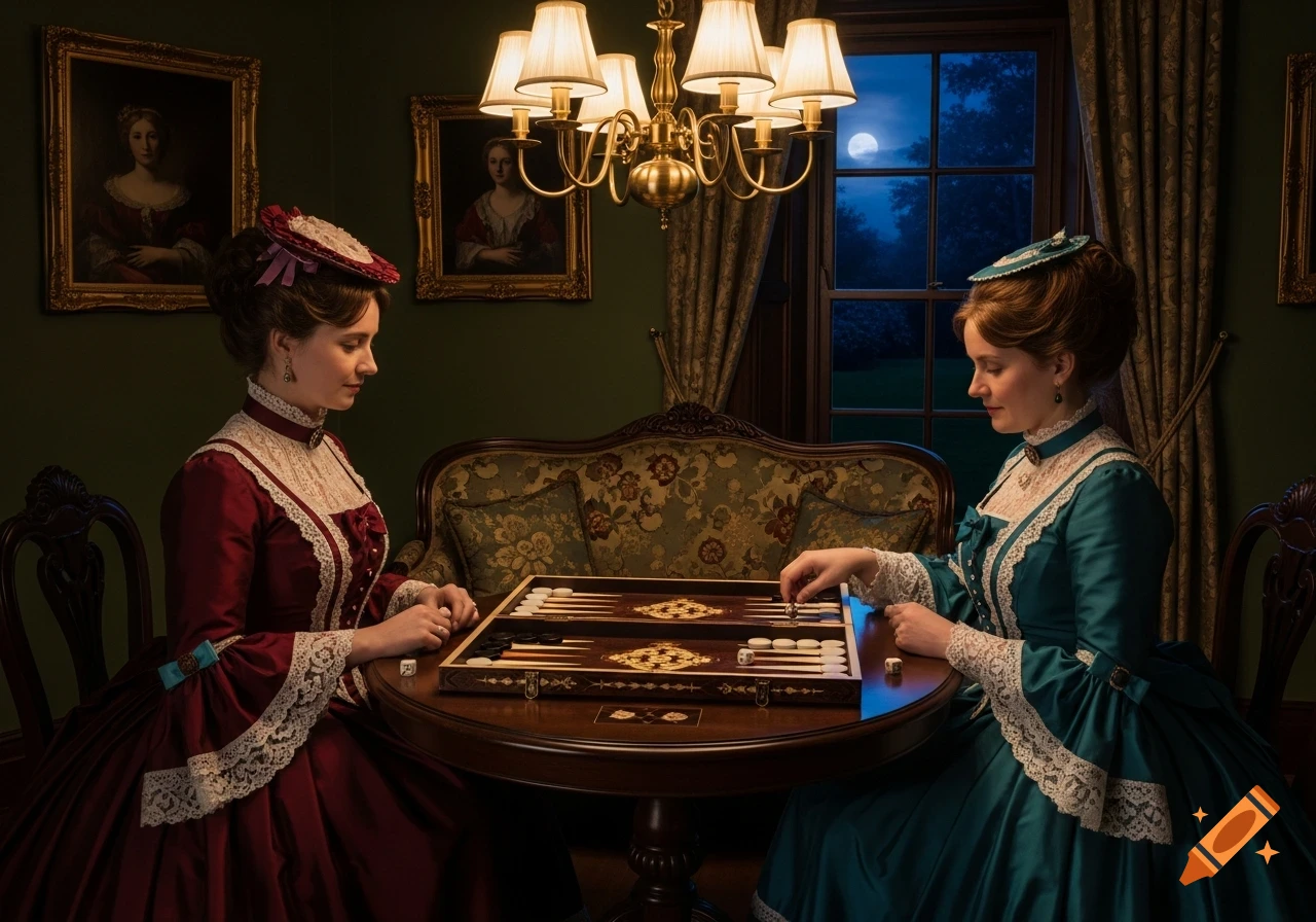 Two women in ornate period dresses play backgammon in a dimly lit room with a moonlit window.