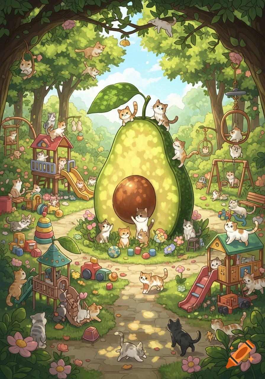 Whimsical illustration of numerous cute cartoon cats playing in a vibrant park with a giant avocado, slides, swings, and toys.
