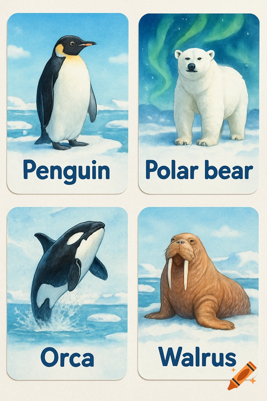 Four watercolor flashcards featuring Arctic animals: a penguin, polar bear, orca, and walrus, each with its name below.