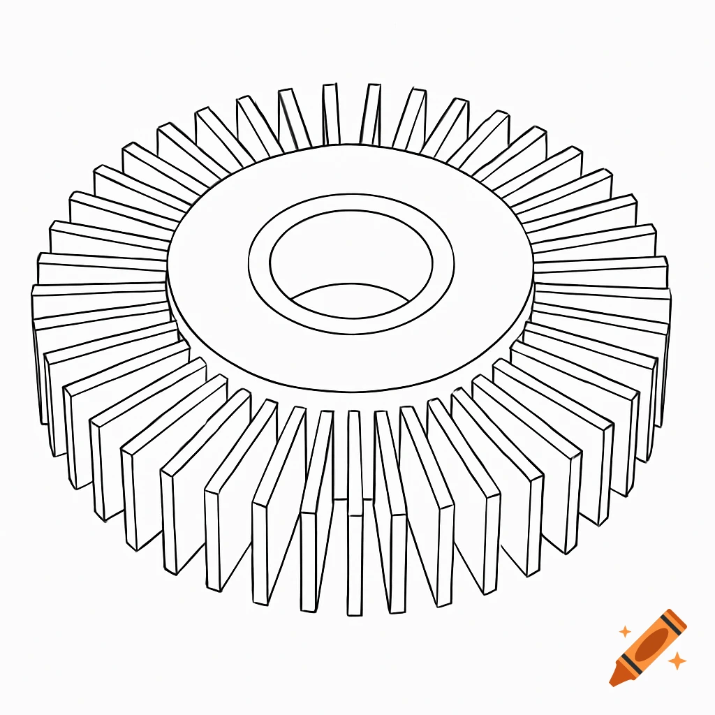 Isometric black and white line drawing of a radial heat sink disc with many cooling fins and a central bore on a white background.