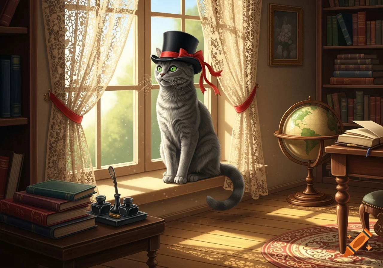 A gray tabby cat wearing a black top hat with a red ribbon sits on a sunlit window sill in a classic study filled with books and a globe.