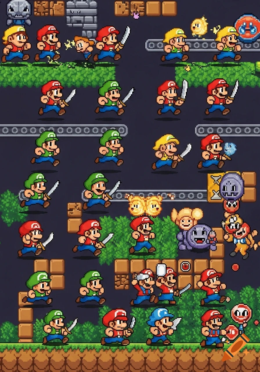 A vibrant pixel art sprite sheet featuring various characters resembling Mario and Luigi in different poses, some holding swords, alongside enemies and level elements on a dark background.