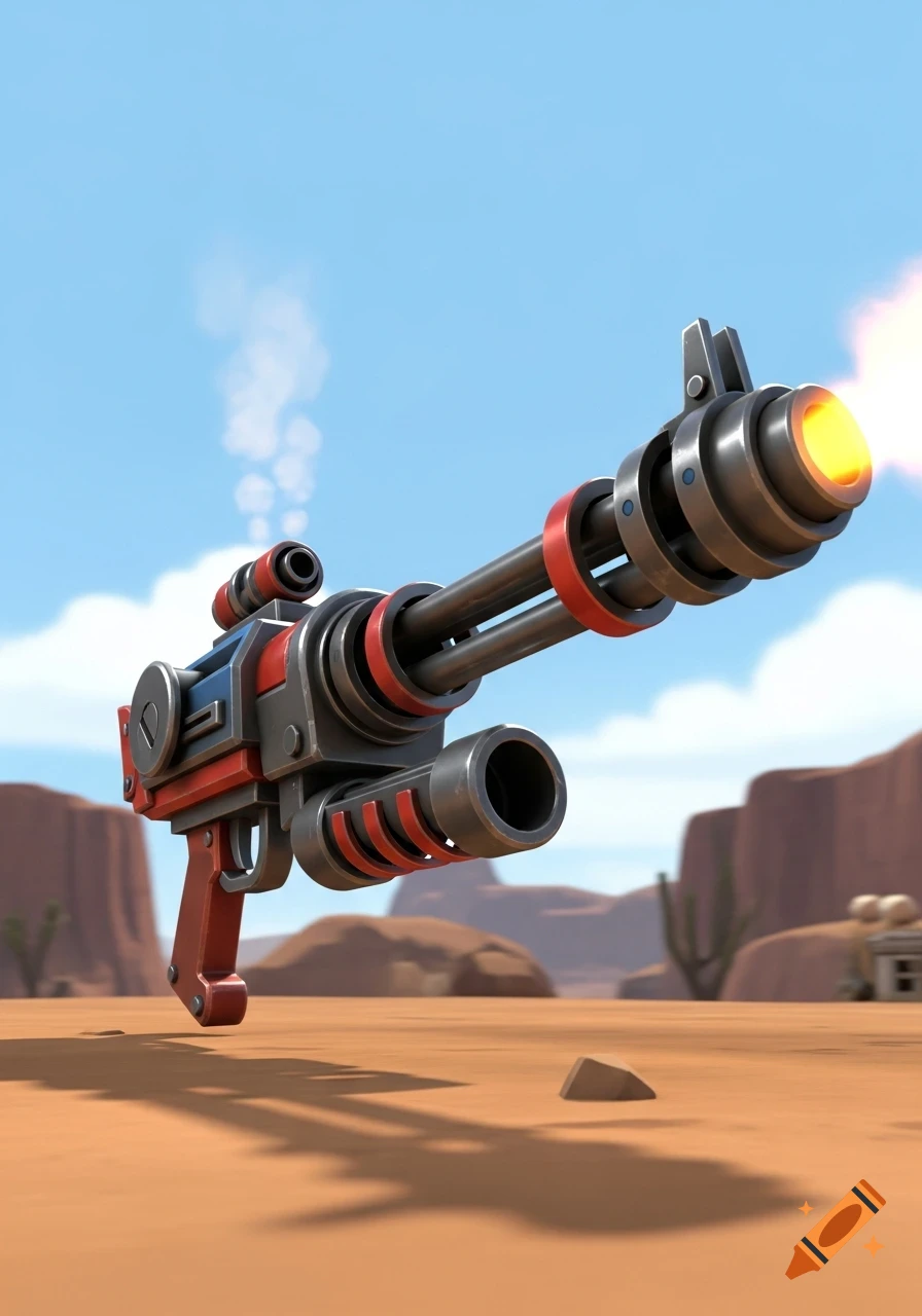 A stylized red and grey railgun floating in a desert landscape under a blue sky, in the Team Fortress 2 art style.